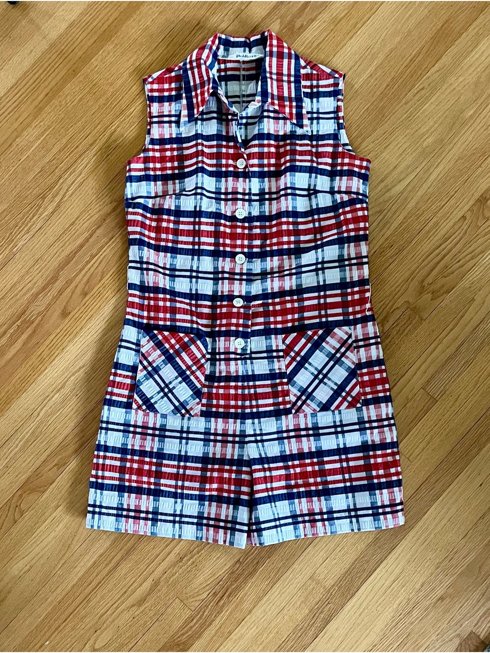 Vintage Sleeveless Plaid Button Romper in Red, Navy & White